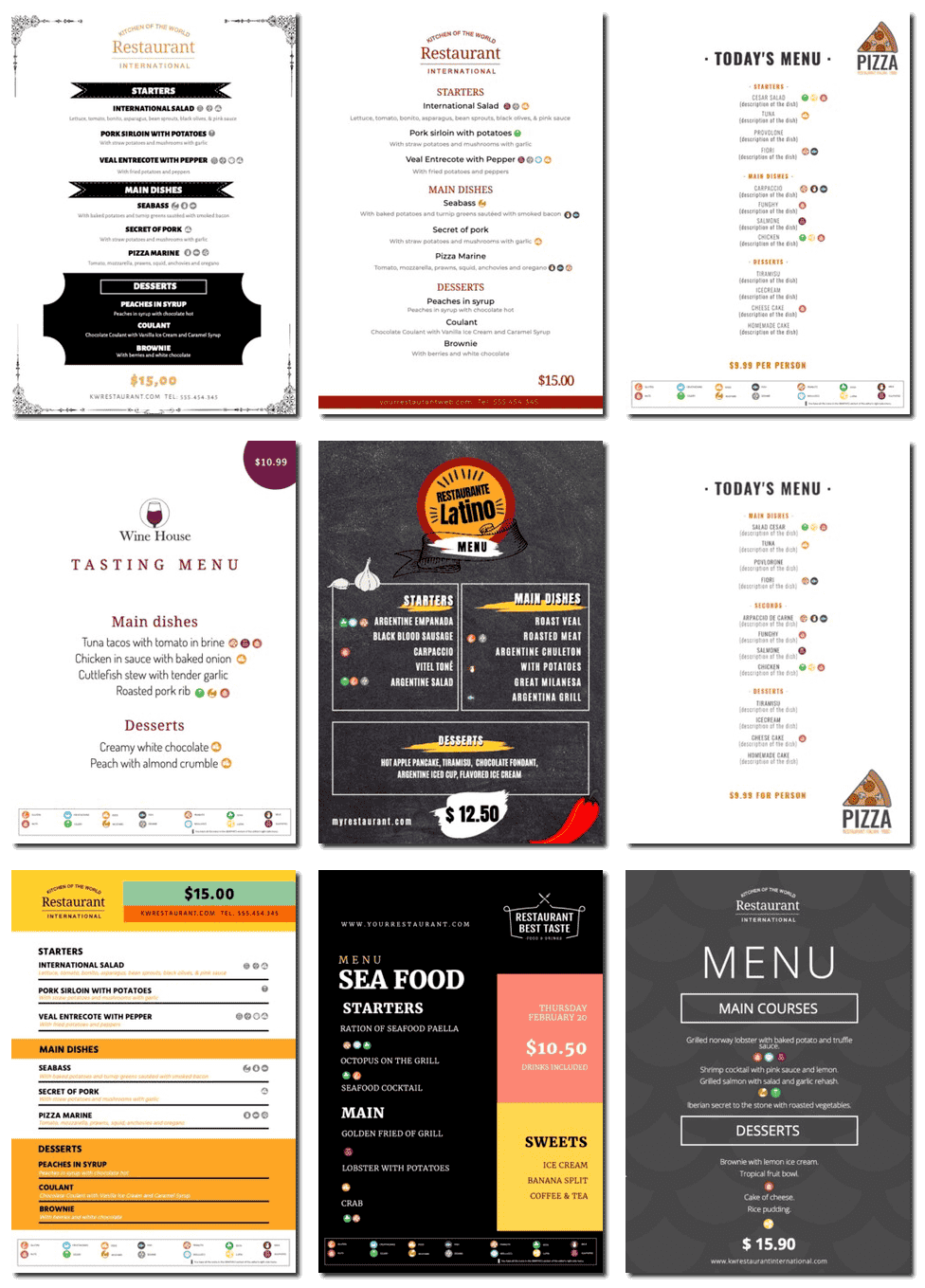 Templates of menus with allergens online editor