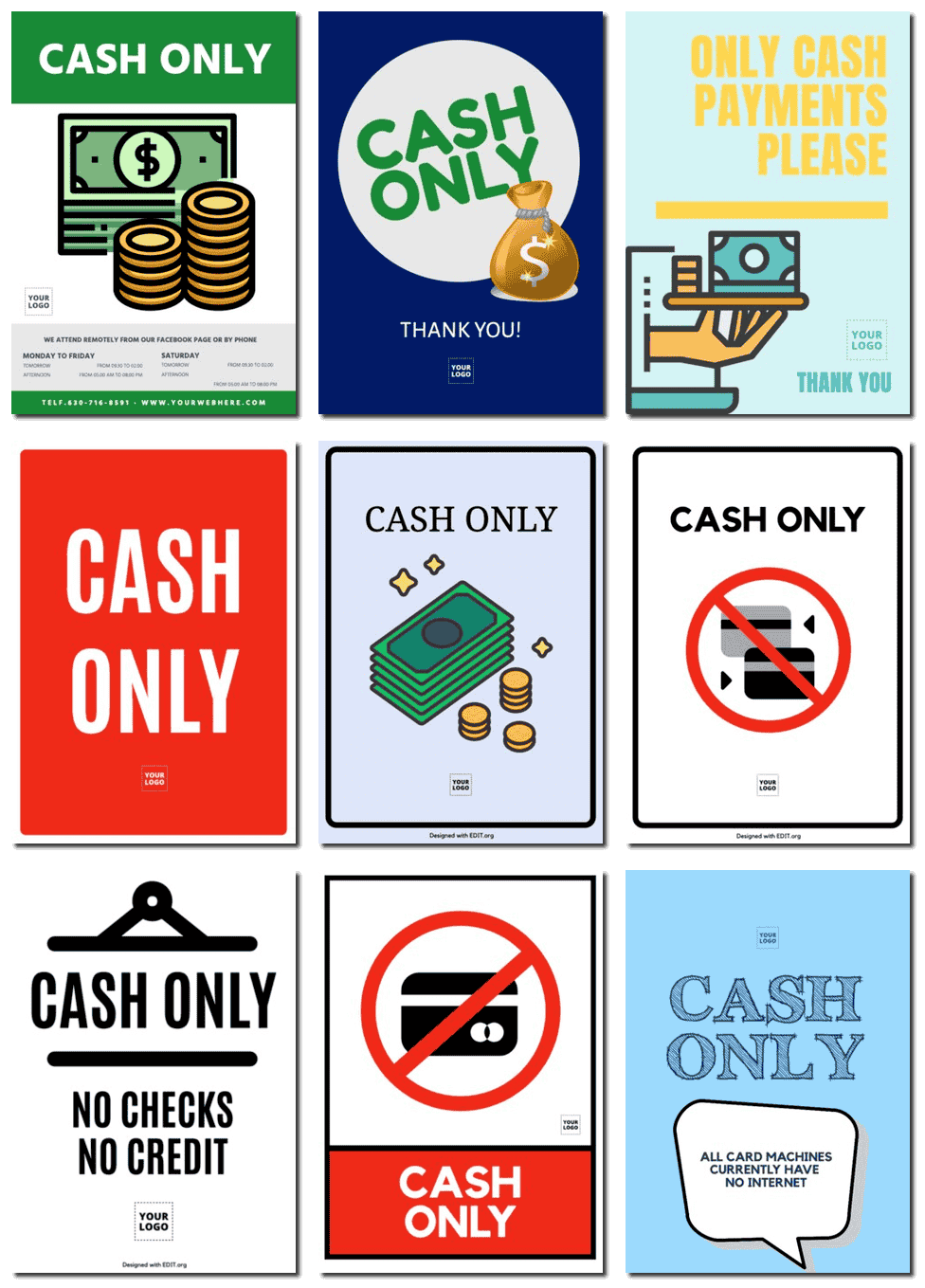 Customizable CashOnly Payment Sign Templates