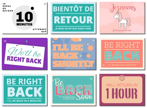 Modifier les modèles de panneaux gratuits Bientôt de retour dans 5 minutes