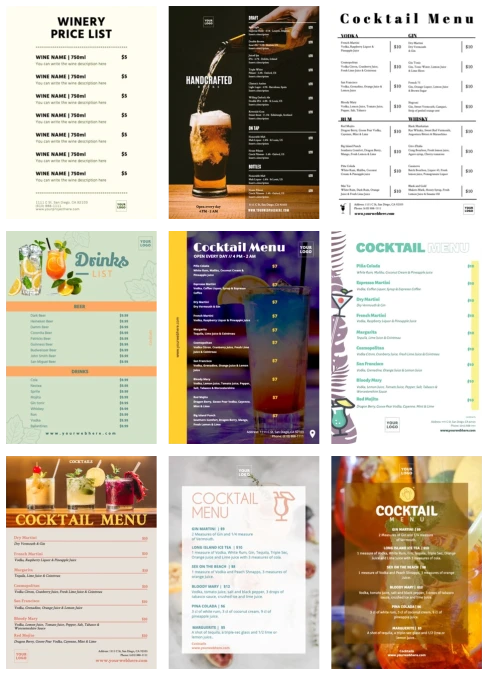 Modelli di menu per bevande